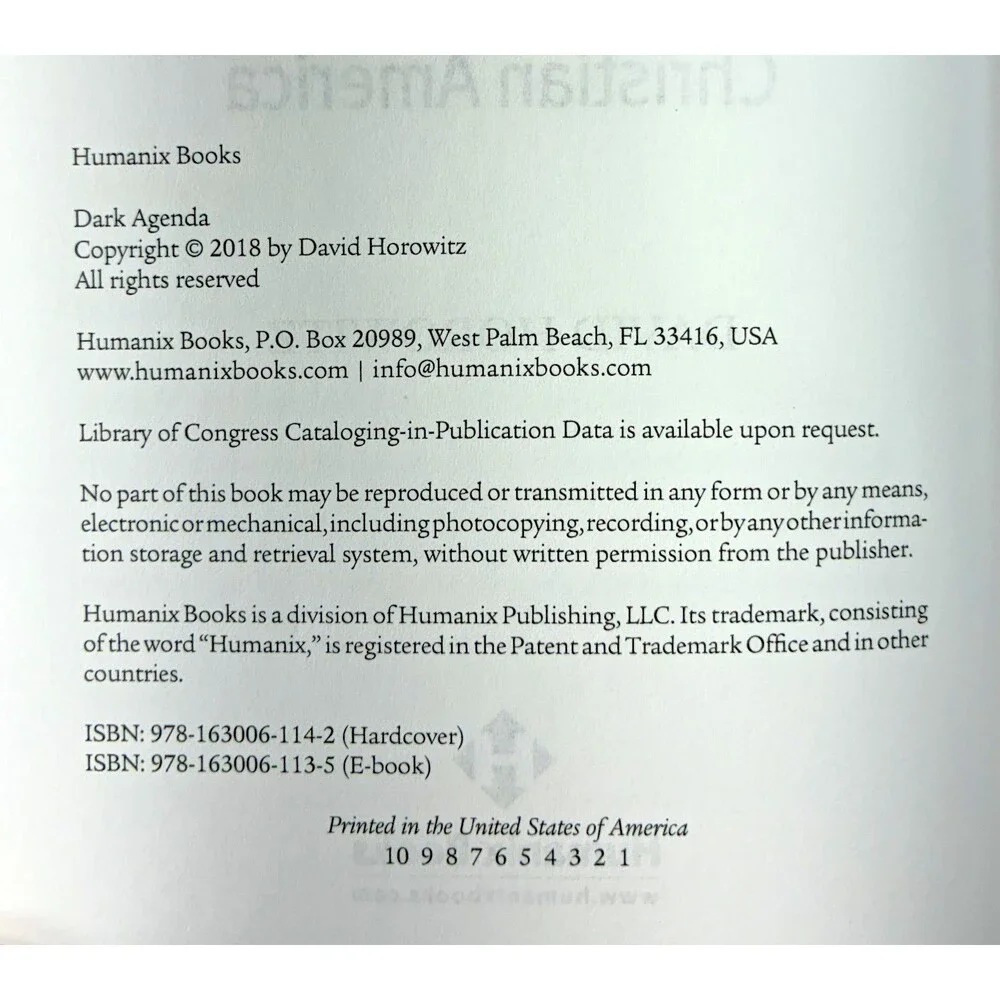 Dark Agenda by David Horowitz 2018 Humanix Books First Edition Hardback